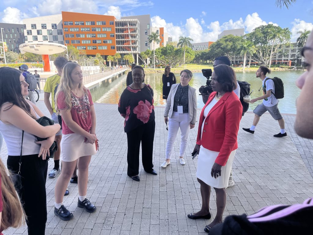 Congresswoman and Senate candidate Val Demings speaks with Danielle Metzger outside of Shalala Student Center on September 2, 2022.