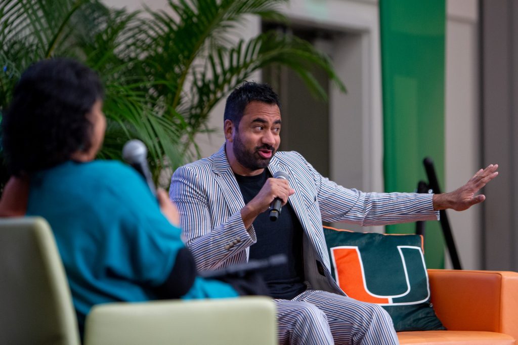 Actor Kal Penn talks to students Thursday night at the Shalala Student Center during the What Matters to U program in the ballroom.