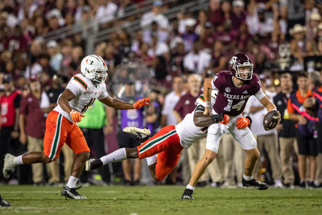 The Hurricanes record a sack against Texas A&M on Sept. 17, 2022, at Kyle Field.