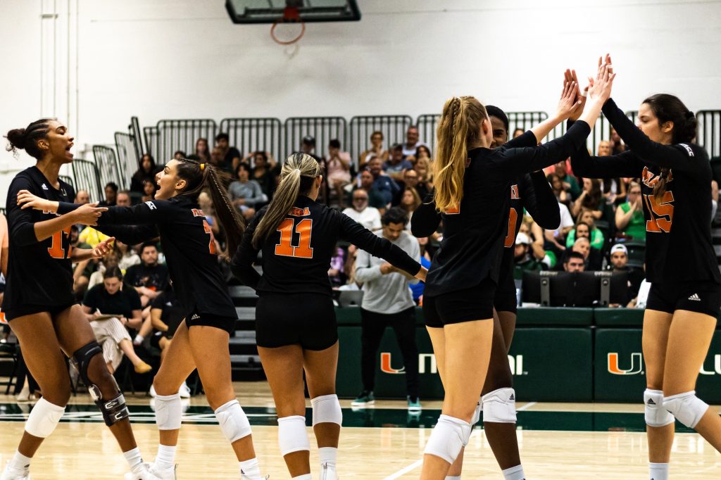 Miami celebrates after securing its first set of the match against Notre Dame on Sept. 25.