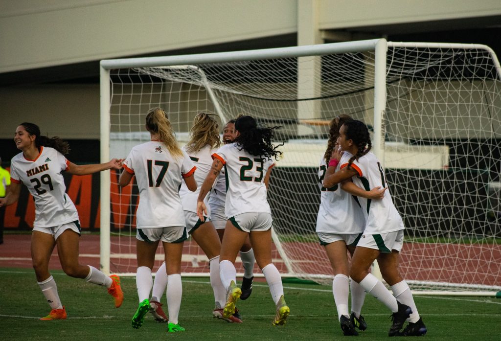 The Hurricanes celebrate after scoring their first goal of the game against No. 24 Virginia Tech at Cobb Stadium on Oct. 6