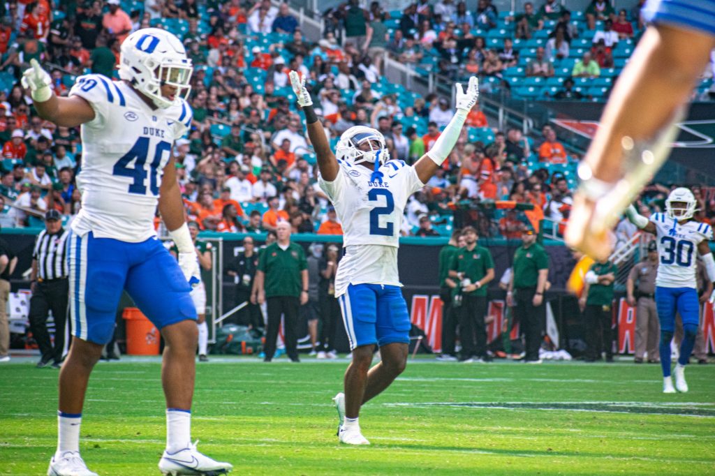 Duke university players celebrate a turnover during Miami's loss on Saturday, Oct. 22 at Hard Rock Stadium. The 'Canes had a total of 8 turnovers in the game.