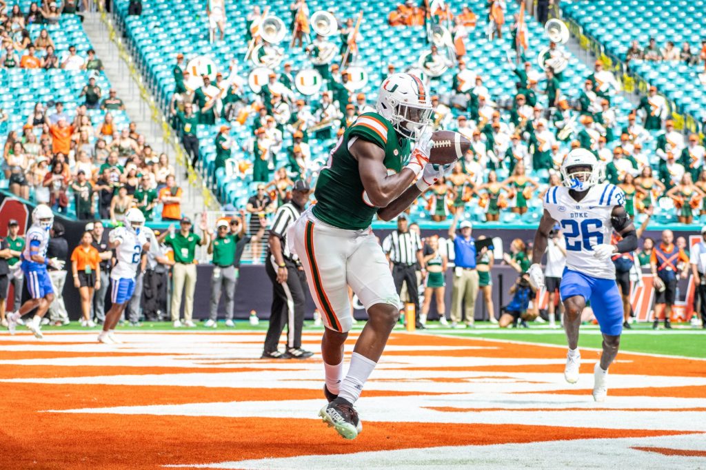 Sophomore wide receiver Colbie Young catches a pass for a touchdown durig Miami's game against Duke on Oct. 22 at Hard Rock Stadium.