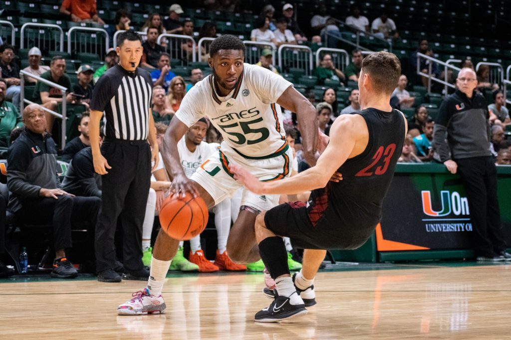 Sophomore guard Wooga Poplar drives to the basket during Miami's exhibition game against IUP on Sunday, Oct. 30 at the Watsco Center.