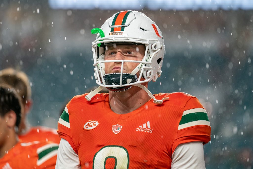 Third-year sophomore quarterback Tyler Van Dyke stands for the playing of the Alma Mater after Miami’s 45-31 loss to Middle Tennessee State at Hard Rock Stadium on Sept. 24, 2022.