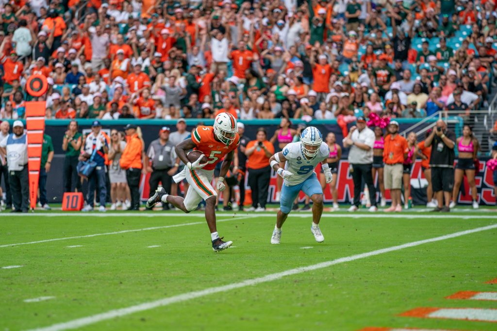 Third-year sophomore wide receiver Key’Shawn Smith heads into the end zone for a touchdown during the second quarter of Miami’s game versus the University of North Carolina at Hard Rock Stadium on Oct. 8, 2022.