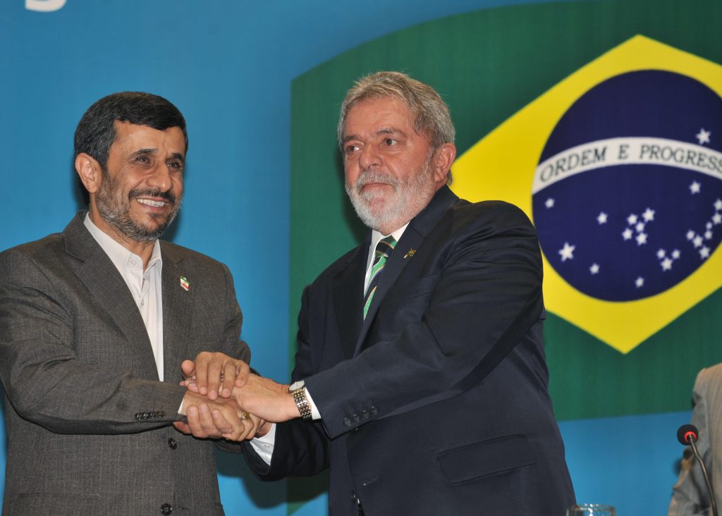 Presidents Mahmoud Ahmadinejad and Luiz Inácio Lula da Silva shake hands during a Brazil-Iran business meeting in Nov, 2009.