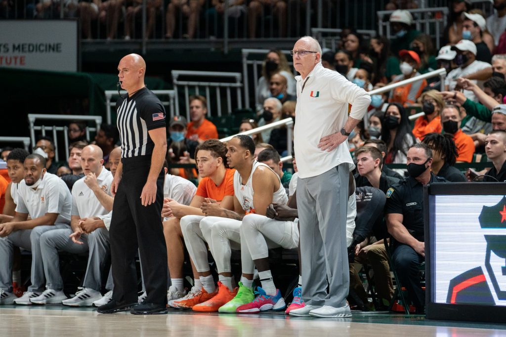 Head coach Jim Larrañaga watches on during the first half of Miami’s game versus Florida State in the Watsco Center on Jan. 22, 2022.