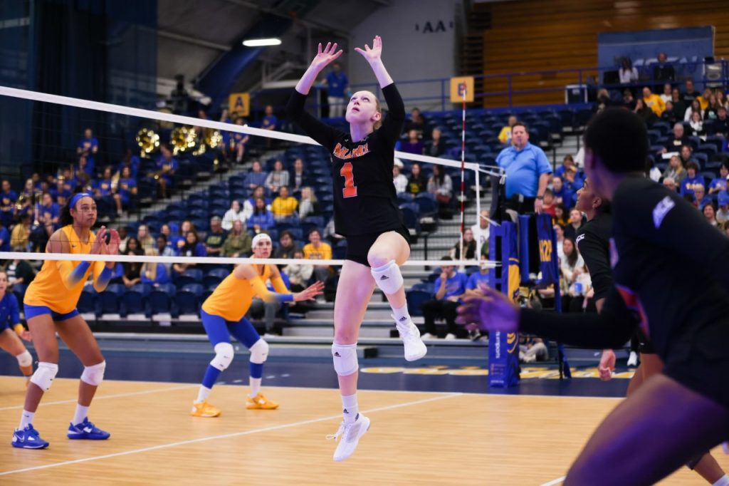 Setter Savannah Vach goes up for a ball in Miami's match against Pittsburgh on Oct. 14 at Fitzgerald Field House.