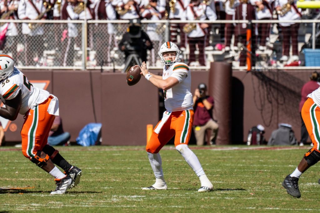 Quarterback Tyler Van Dyke winds up for a pass in Miami's game against Virginia Tech on Oct. 15 at Lane Stadium.