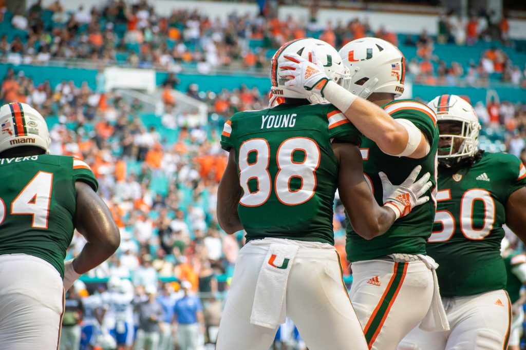 Sophomore wide receiver Colbie Young and quarterback Tyler Van Dyke celebrate a touchdown during Miami's game against Duke University on Saturday, Oct. 22 at Hard Rock Stadium.