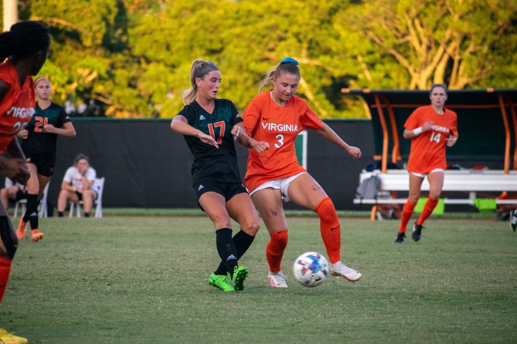 Senior midfielder/forward Maria Jakobsdottir attempts to steal a ball during Miami's match against the University of Virginia on Thursday, Oct. 27 at Cobb Stadium.
