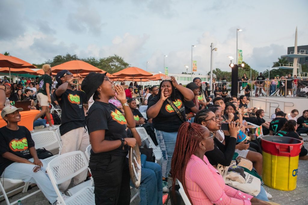 United Black Students chant and show their spirit at the Organized Cheer event on Wednesday, Nov. 2 at the Lakeside Patio Stage.
