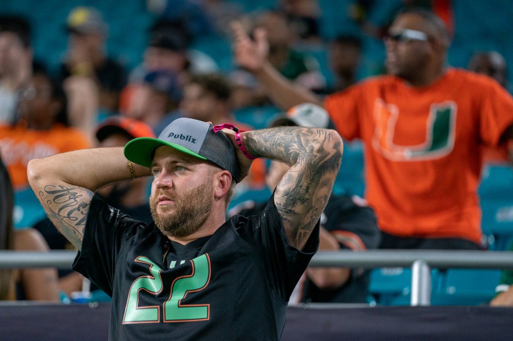 Canes fans stand in shock as Miami continues to come up short during the second quarter of Miami's game versus Pittsburgh at Hard Rock Stadium on Nov. 26, 2022.