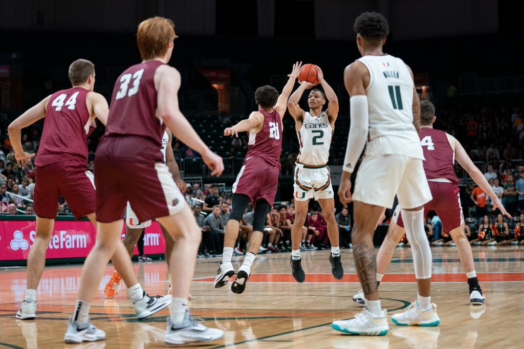 Fourth-year junior guard Isaiah Wong shoots a jump shot during the second half of Miami’s game versus Lafayette in the Watsco Center on Nov. 7, 2022.