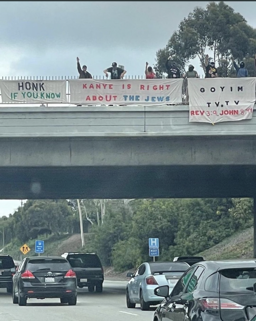 Antisemitic poster saying "Kanye is right about the Jews" flown over a LA Highway on Tuesday Oct. 24. Credit: @AJCCEO on Twitter