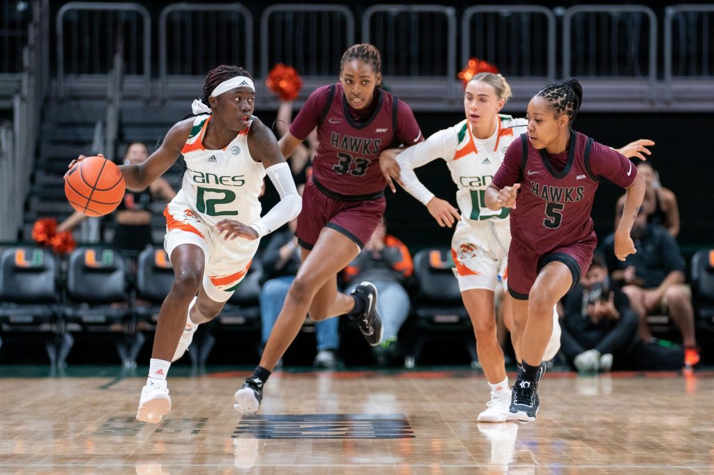 Sophomore guard Ja’Leah Williams brings the ball down the court on a fast break during the first quarter of Miami’s game versus Maryland Eastern Shore in the Watsco Center on Nov. 7, 2022.