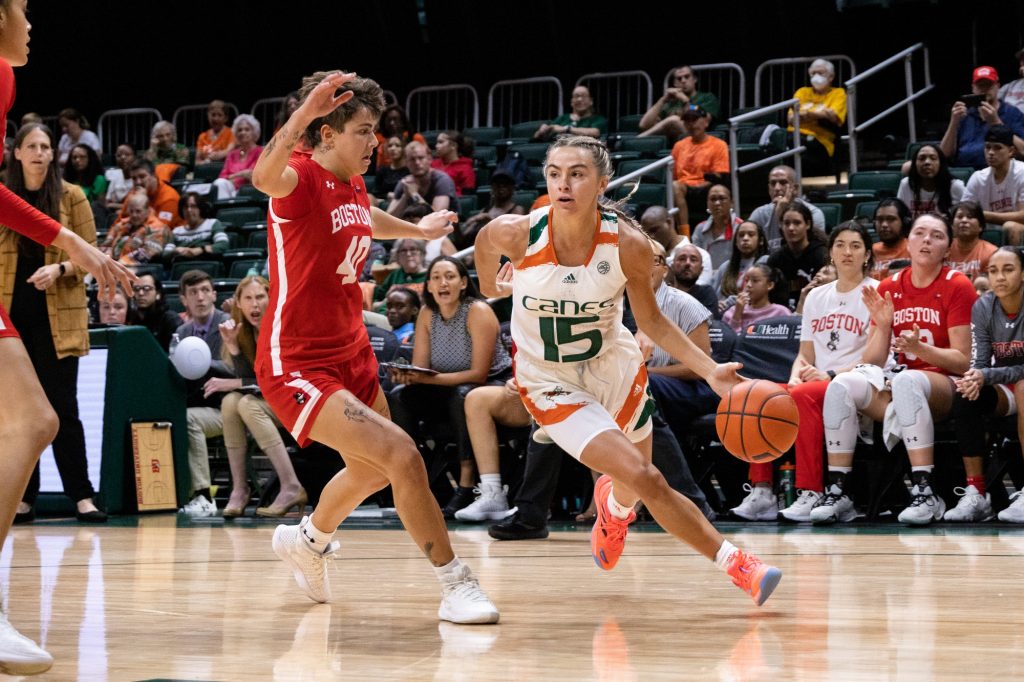 Senior guard Hanna Cavinder drives to the basket during Miami's game against Boston University on Sunday, Nov. 13 at the Watsco Center.