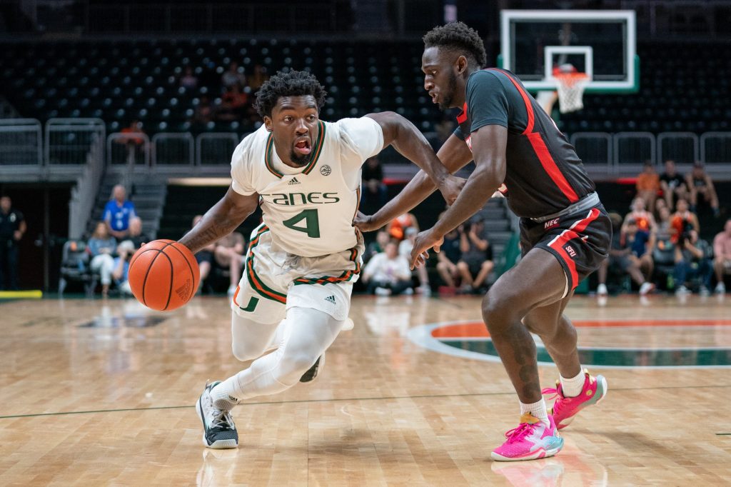 Sophomore guard Bensley Joseph drives to the basket during the first half of Miami’s game versus St. Francis University in the Watsco Center on Dec. 17, 2022.