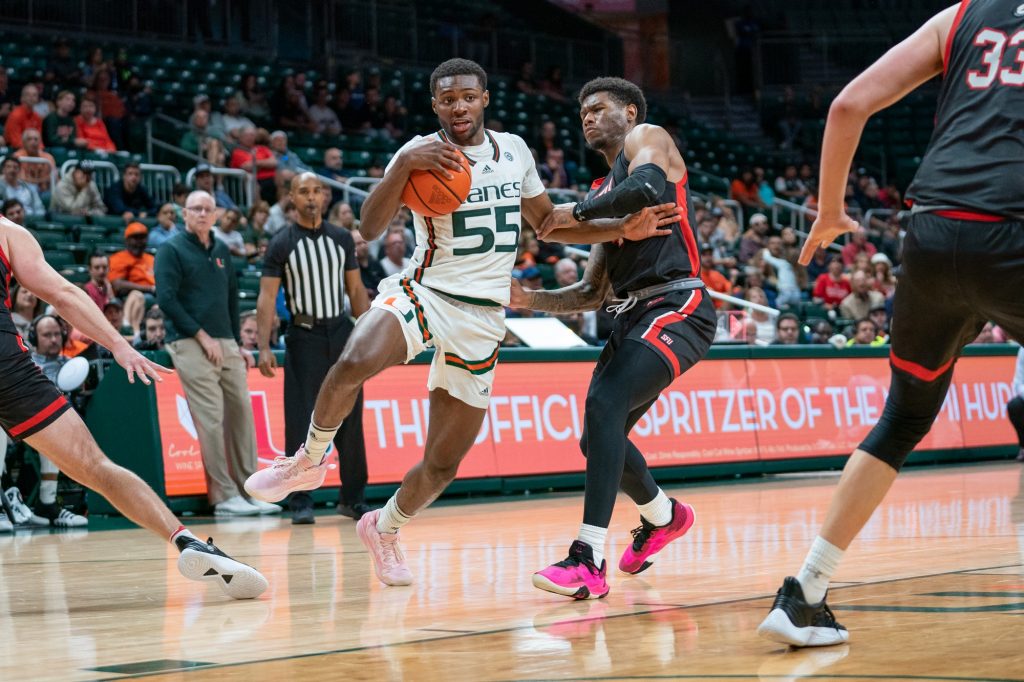 Sophomore guard Wooga Poplar drives to the basket during the second half of Miami’s game versus St. Francis University in the Watsco Center on Dec. 17, 2022.