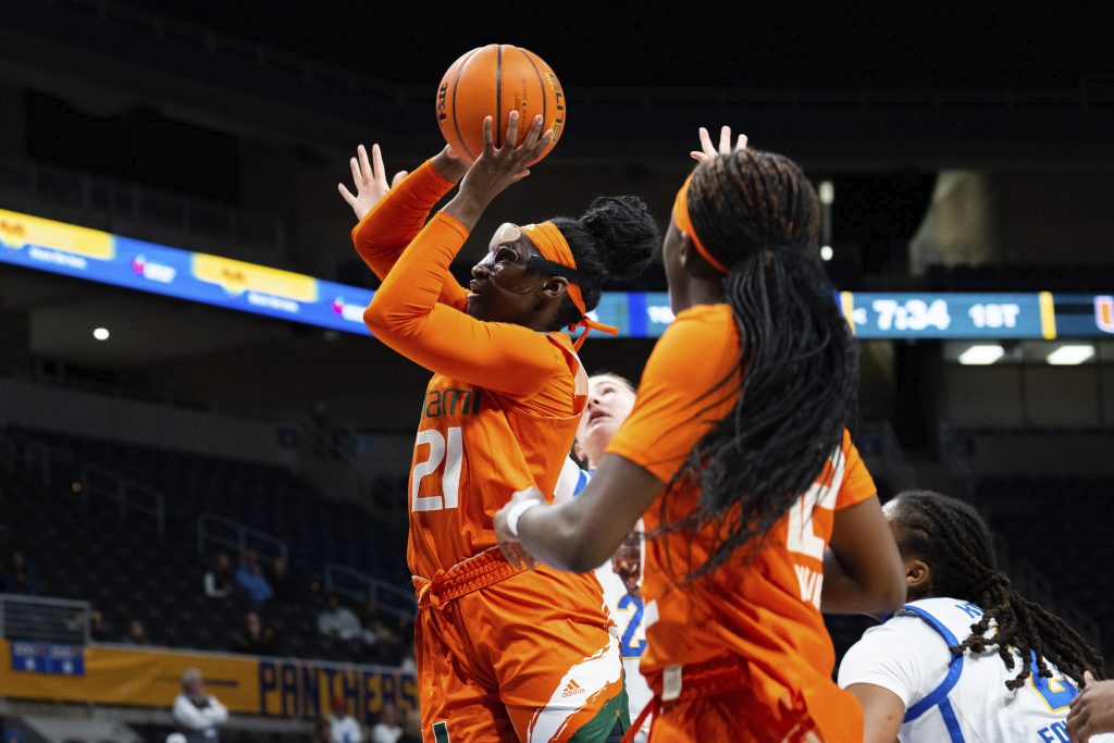 Senior Lola Pendande goes up for a shot in Miami's game against Pittsburgh on Jan. 1.