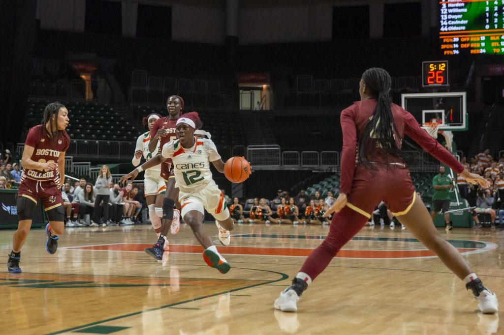 Sophomore guard Ja’Leah Williams drives the ball up the court in the third quarter of Miami’s game against Boston College at the Watsco Center on Thursday, Jan. 26.