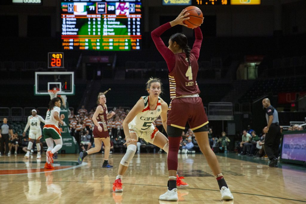 Graduate Student Karla Erjavec guards Eagles guard in the fourth quarter of Miami’s win over Boston College at the Watsco Center on Thursday, Jan. 26.