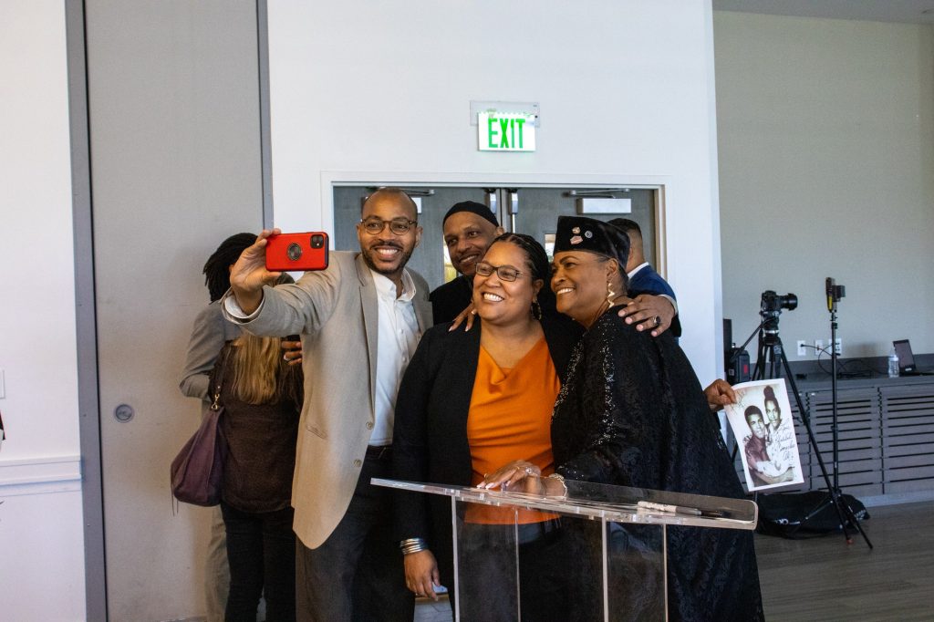 Melvin Butler, Khalid el-Hakim, Kysha Harriell and surprise guest Khalilah Camacho Ali, actress and former wife of boxer Muhammad Ali, pose for a selfie at the Shalala Student Center on Feb. 9.