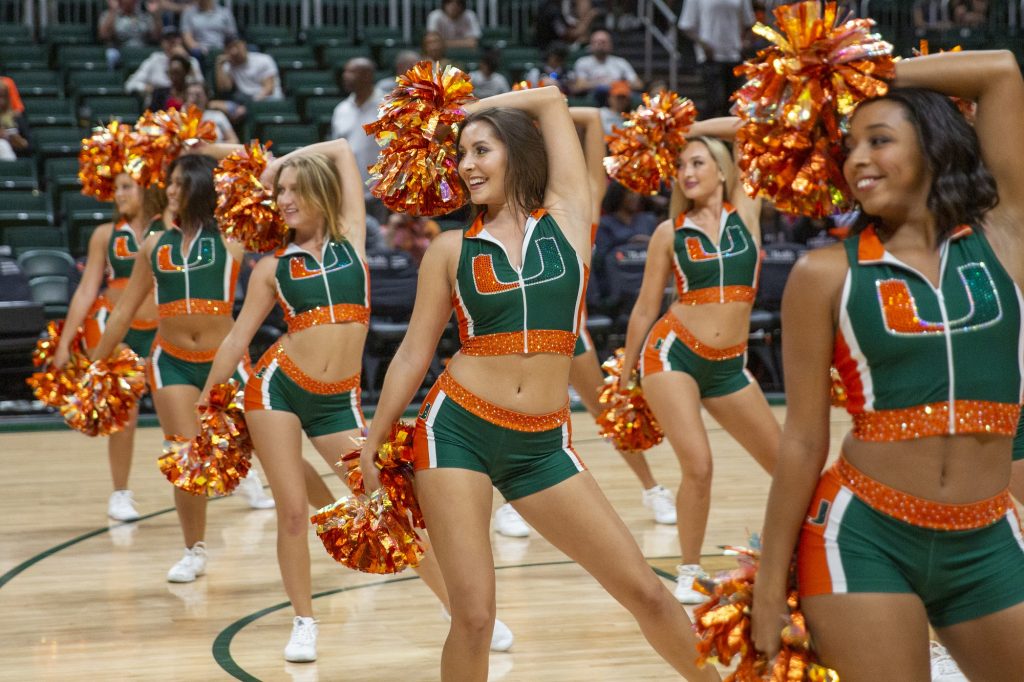 The Miami Hurricanettes join the Frost Band of the Hour for a halftime show at Miami’s game against the University of Louisville on Saturday, Feb. 11 at the Watsco Center.