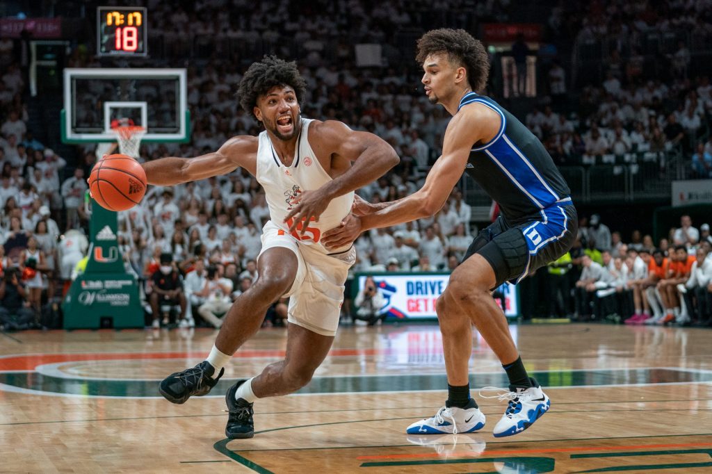 Third-year sophomore forward Norchad Omier drives to the basket during the first half of Miami’s game versus Duke in the Watsco Center on Feb. 6, 2023.