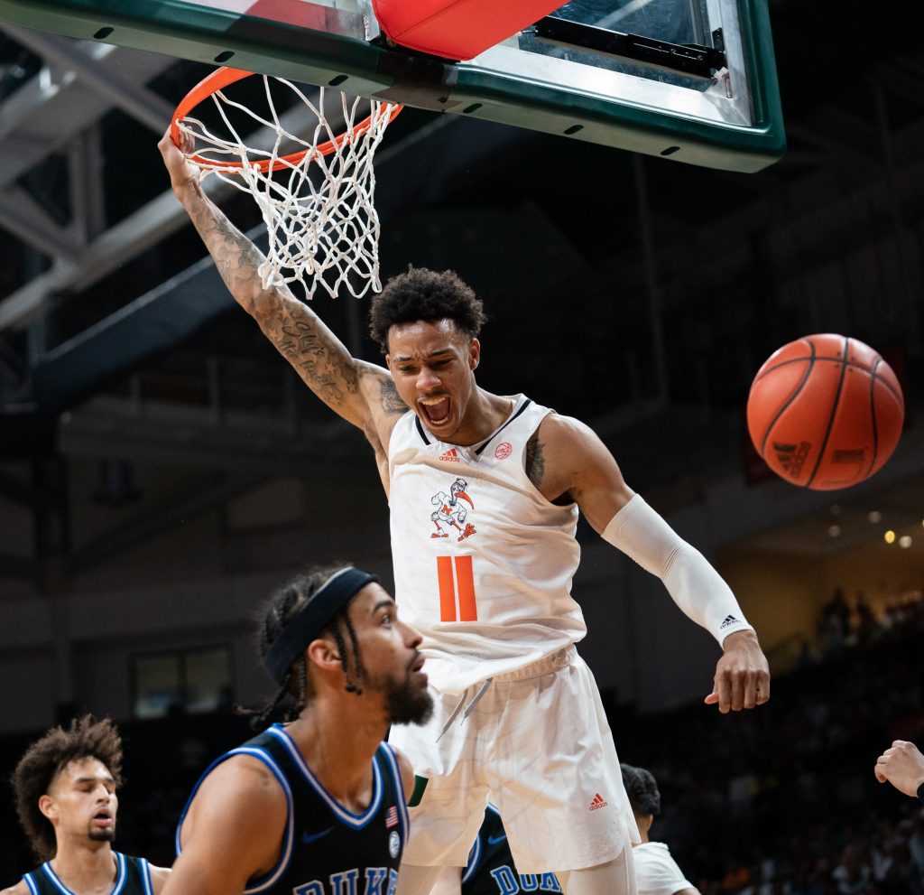 Fifth-year senior guard Jordan Miller dunks over a defender during the first half of Miami’s game versus Duke in the Watsco Center on Feb. 6, 2023.