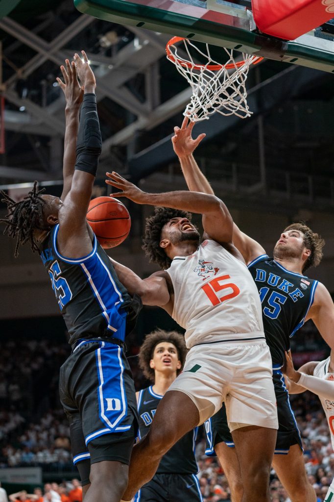 Third-year sophomore forward Norchad Omier goes up for a shot during the first half of Miami’s game versus Duke at the Watsco Center on Feb. 6, 2022.