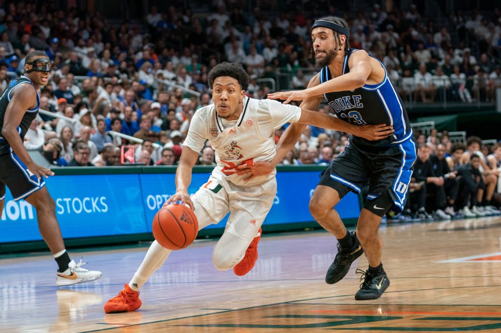 Third-year sophomore guard Nijel Pack drives to the basket during the second half of Miami’s game versus Duke in the Watsco Center on Feb. 6, 2023.