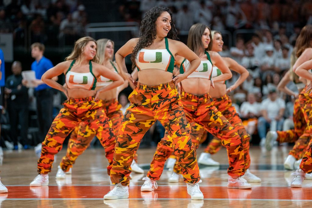 The Sunsations dance team performs during a timeout in the second half of Miami’s game versus Duke in the Watsco Center on Feb. 6, 2023.