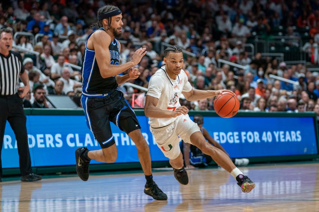 Fourth-year Junior guard Isaiah Wong drives to the basket during the second half of Miami’s game versus Duke in the Watsco Center on Feb. 6, 2022.