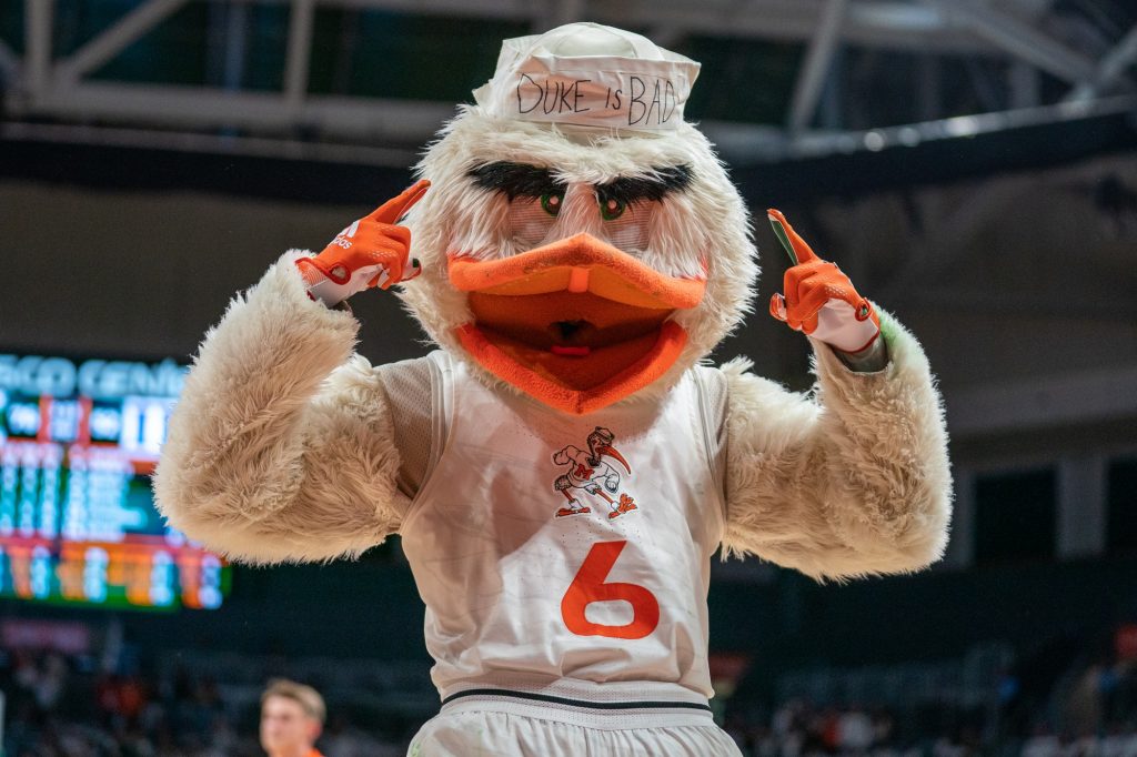 Sebastian the Ibis cheers on the ‘Canes during the second half of Miami’s game versus Duke in the Watsco Center on Feb. 6, 2022.