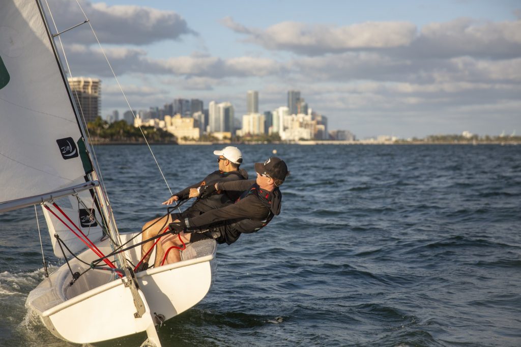 Skipper Aidan Dennis and crew rip across Biscayne Bay during practice on Tuesday, Feb. 7.