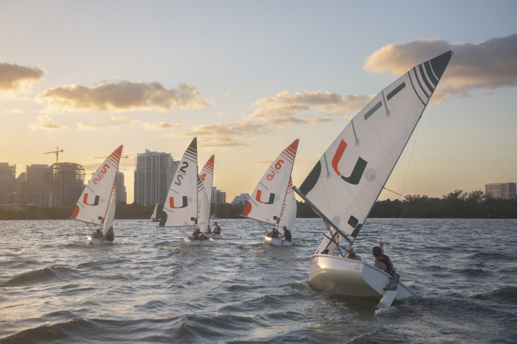 'Canes sailing heads back to the dock after a successful day of team racing at practice on Tuesday, Feb. 7 in Biscayne Bay.
