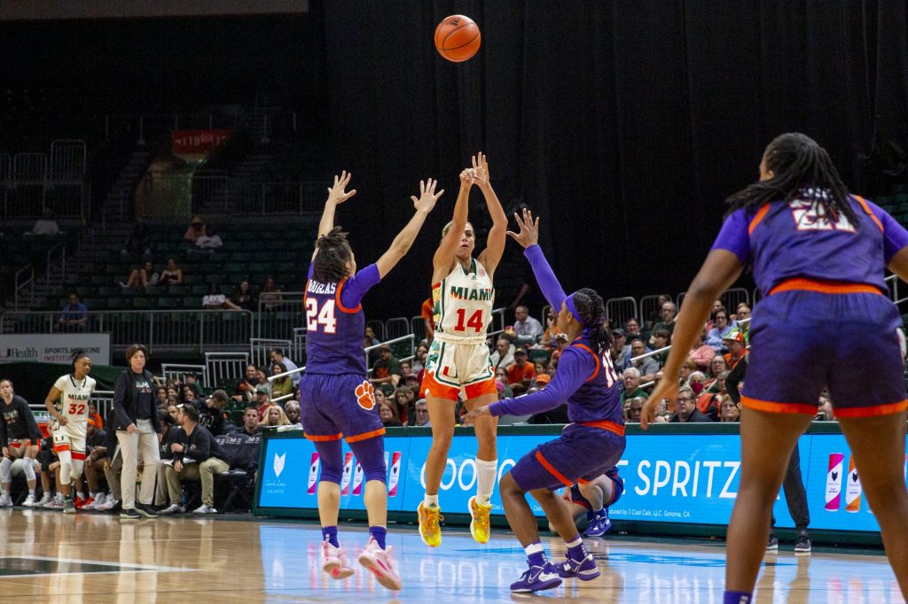 Senior guard Haley Cavinder shoots in the first quarter of Miami’s game against Clemson in the Watsco Center on Thursday, Feb. 16