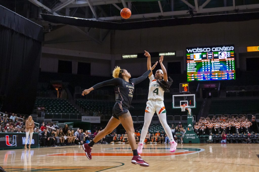 Sophomore guard Jasmyne Roberts shoots in the third quarter of Miami’s game versus FSU on Thursday, Feb. 9 at the Watsco Center.