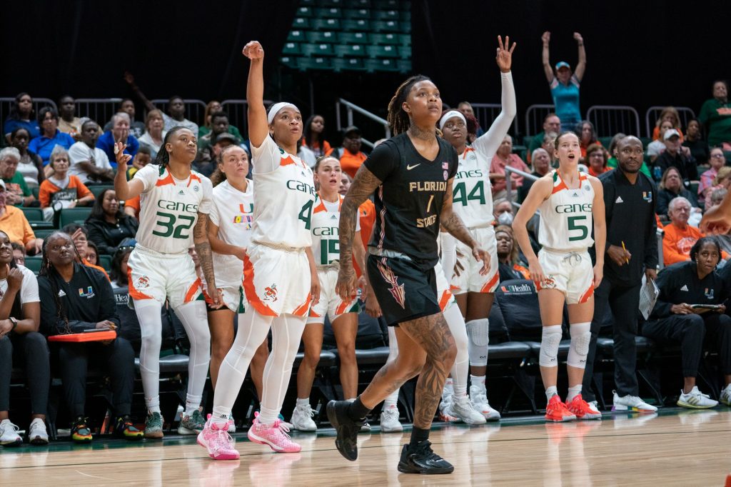 Sophomore guard Jasmyne Roberts shoots a three-pointer during the third quarter of Miami’s game versus Florida State in the Watsco Center on Feb. 9, 2023.