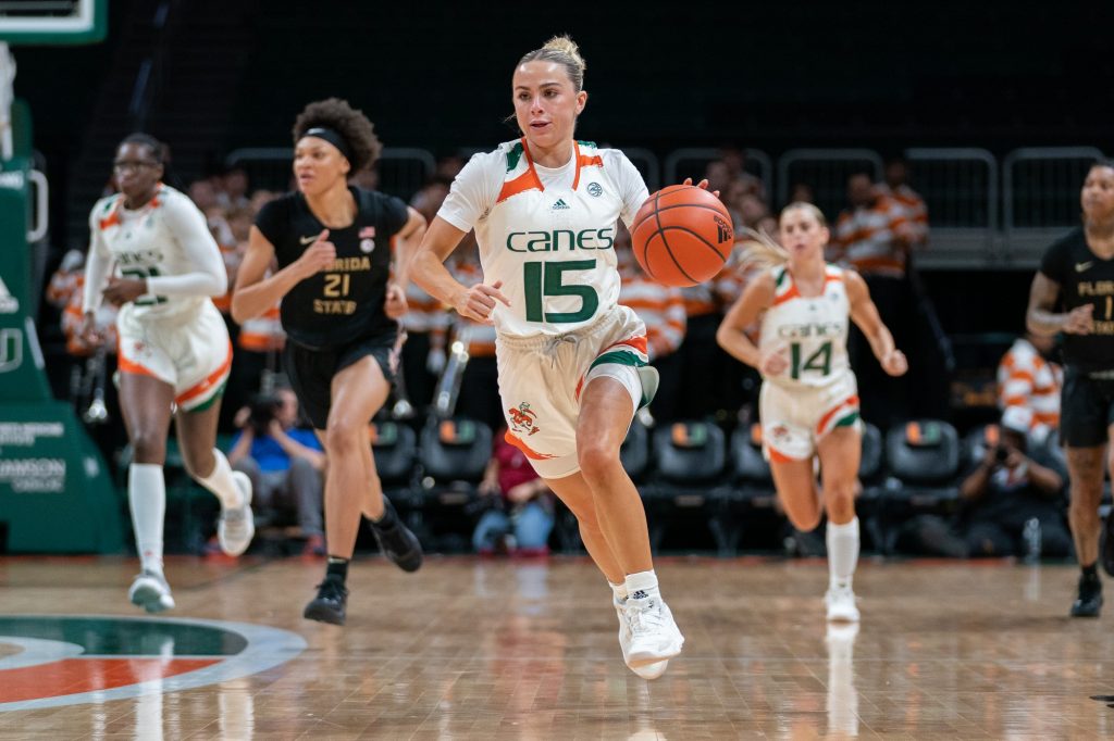Senior guard Hanna Cavinder brings the ball down court during the fourth quarter of Miami’s game versus Florida State in the Watsco Center on Feb. 9, 2023.