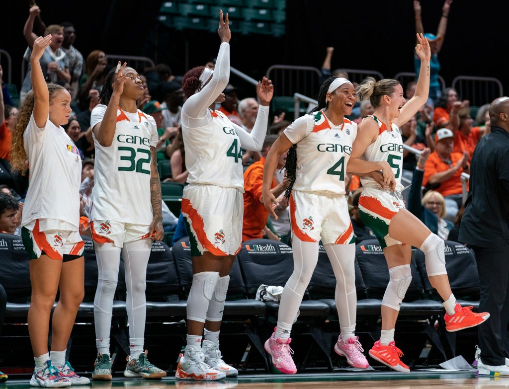 The ‘Canes bench erupts in cheers during the fourth quarter of Miami’s game versus Florida State University in the Watsco Center on Feb. 9, 2023.