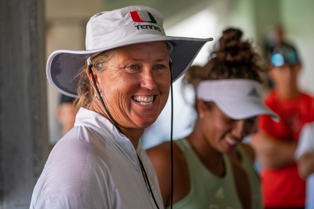 Head Coach Paige Yaroshuk-Tews smiles after having a “gatorade dunk” commemorating her 400th win, after Miami’s 5-2 win over Cal at the Neil Schiff Tennis Center on Feb. 11, 2023.