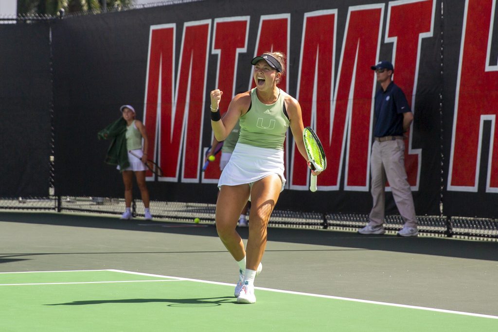 Redshirt sophomore Alexa Noel celebrates her doubles during Miami’s matchup against the University of California Berkeley Golden Bears at the Neil Schiff Tennis Center on Saturday, Feb. 11.