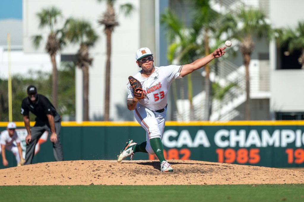 Freshman left-handed pitcher Chris Scinta pitches the ball during Miami's win over Penn State University on Sunday, Feb. 19 at Mark Light Field.
