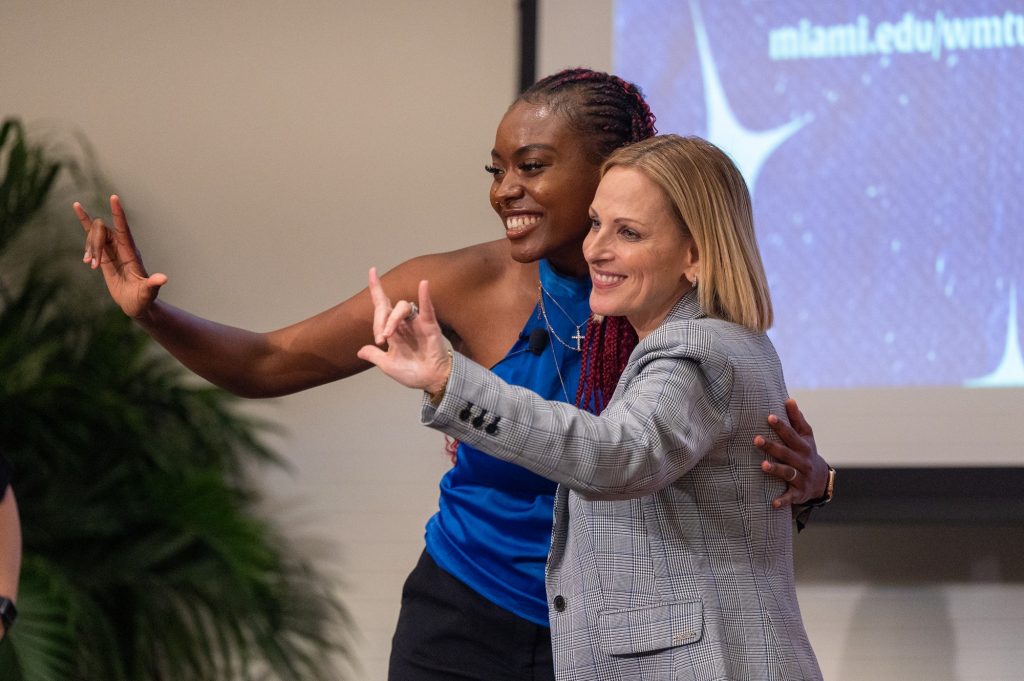 Marlee Matlin and Grace Altidor sign “I love you” to students following Matlin's speech organized by What Matters to U on March 3 in the Shalala Student Center.
