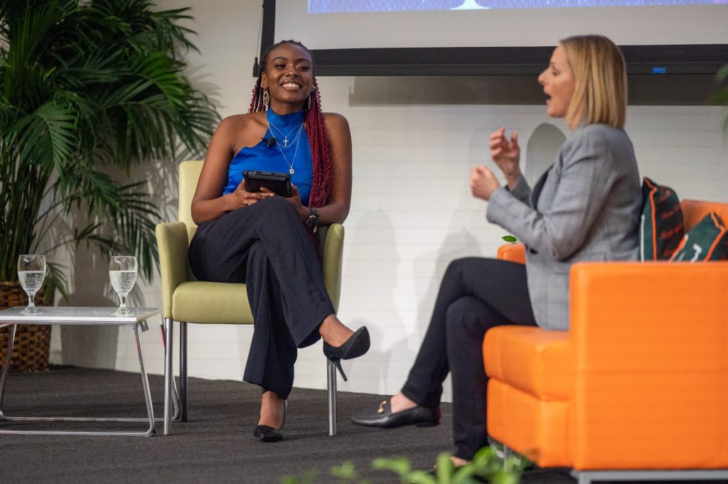 Student moderator Grace Altidor laughs alongside guest Marlee Matlin on March 2 in the Shalala Grand Ballrooms.