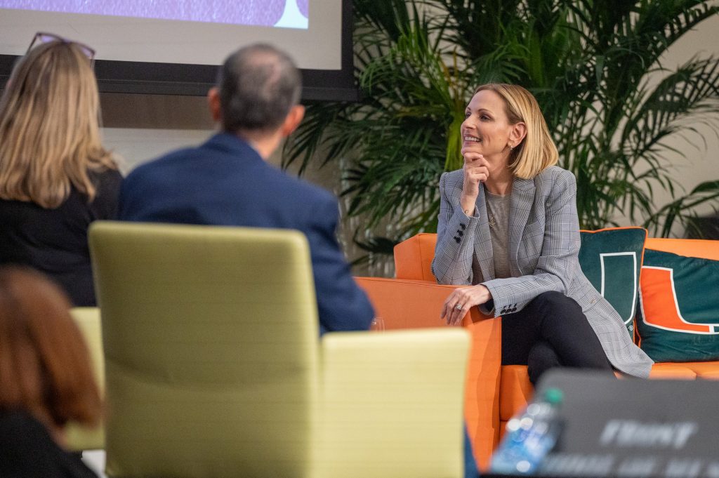 Guest Marlee Matlin looks intently at student moderator Grace Altidor at the What Matters to U speaker series on March 2 in the Shalala Grand Ballroom.