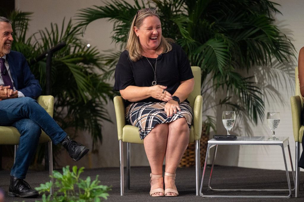 Faculty moderator Kirsten Schwarz Olmedo laughs during the question and answer portion of Marlee Matlins presentation hosted by What Matters to U on March 3 in the Shalala Student Center.